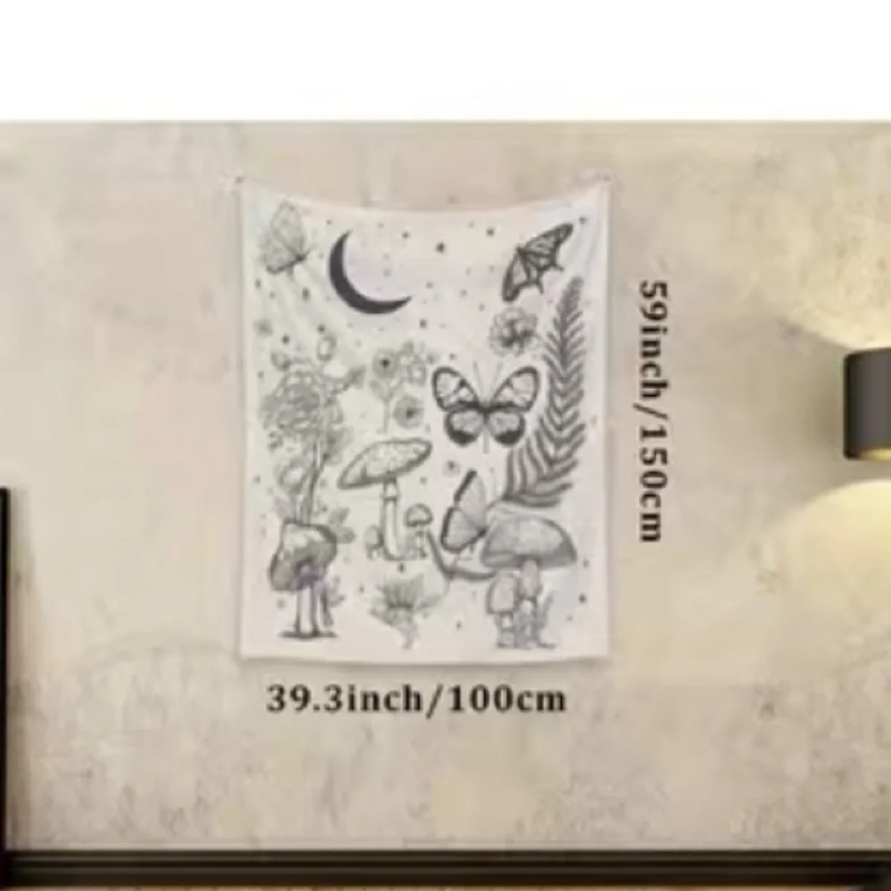 Butterfly Moon‎ Wall Tapestry Black & White Mushroom Plant Boho